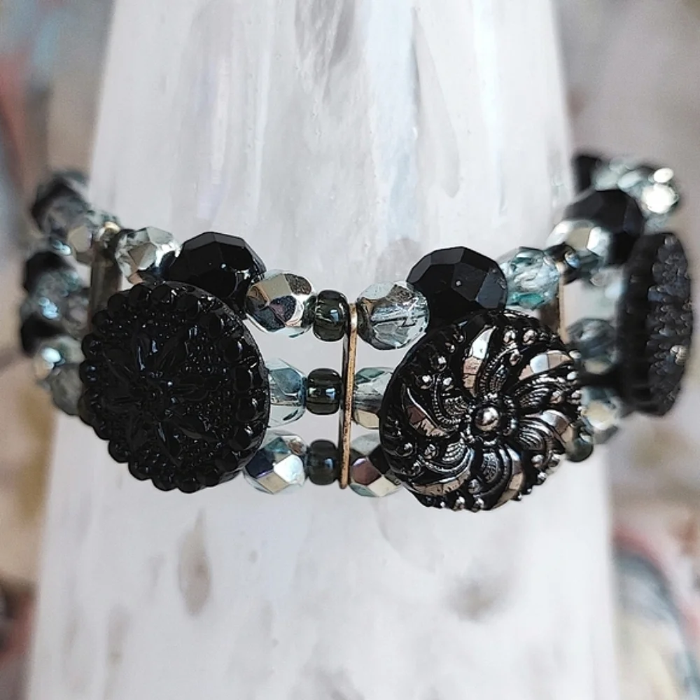 Glass Button Icy Blue Beaded Silver Tone Triple Strand Toggle Clasp Bracelet